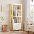 Gold Bookshelf with Drawers Modern Bookcase Storage Rack Shelf Tall Standing Bookshelves Metal Frame Large Display Racks Book Shelf for Bedroom, Living Room, Home Office, White/Gold. 