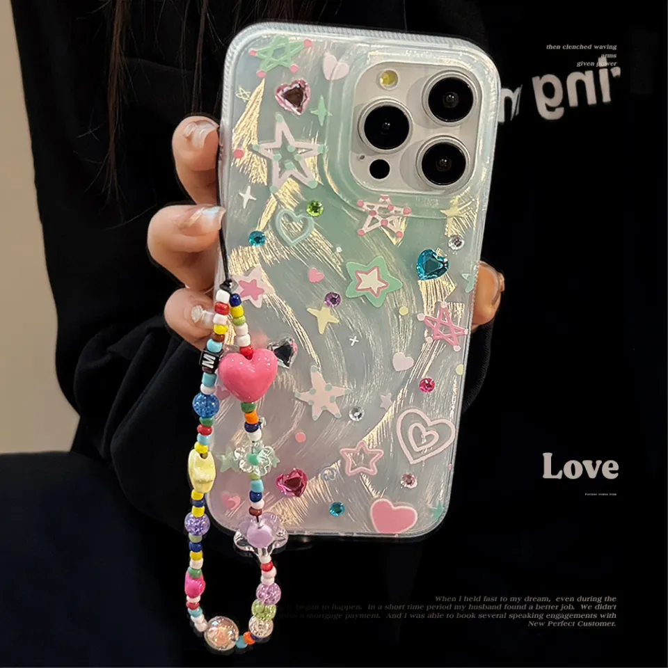 Limited Stock Available】 Olige Case For 11 12 13 14 15 Pro INS Feather Yarn  Premium Pink Green Star Sticker with Dopamine Color Rope phone case back  cover | Daraz.com.bd