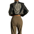 Women Crop Leather Jacket Solid Color Casual Long Sleeve Button Down Jacket Fall Outwear. 