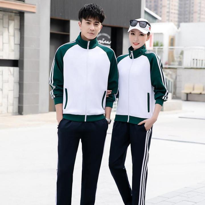 Spring and autumn junior high school college student class uniforms for men and women long sleeve sports suits, white high school students school uniforms two-piece set