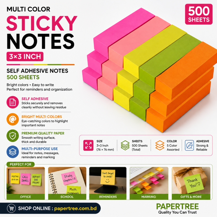 Multi Color Sticky Notes 500 Sheets 3×3 Inch Self Adhesive Post It Notes Flags