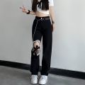 Black Lace Up Ripped High Waisted Jeans Korean Fashion Vibe Style Denim Trousers Streetwear Y2k Jeans Women Baggy Wide Leg Pants. 