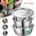 3 in 1 Multipurpose Stainless Steel Grating Basin Thick Stainless Steel Drain Basin Kitchen/Vegetable Cutter  - NR Mart-2024. 