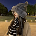 Winter Ushanka Women's Red Cute Bear Ears Plush Thickened Braid Knitted Hat Ear Protection Woolen Yarn Bag Cap. 