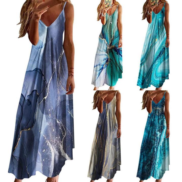 2023 Summer Oversized Women's Sleeveless A Version Long Dress Cross border V-neck Positioning Flower Loose Strap Dress