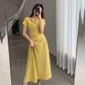 Lucyever Fashion Hollow Out Midi Dress for Women Korean Style High Waist Short Sleeve Dresses Woman Elegant Slim Fit Vestidos.