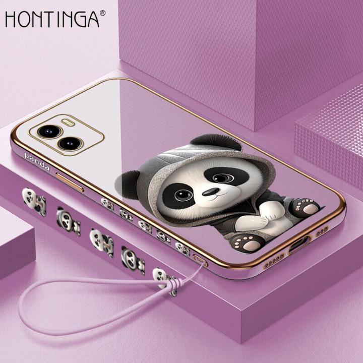 Hontinga for Vivo Y15S Y15A Y01A Y01 Back Cover With Free Strap Luxury 6D Plating Cute Panda Side Pattern Case Soft Silicone Square Mobile Cover