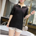 Summer New off-the-Shoulder Shirt Large Size Women's Loose Korean Style Hollow Top Shirt Lace Bottoming Shirt. 