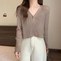 【No-Questions-Asked Refund】 V-Neck Knitted Cardigan Women's Autumn and Winter New Women's Short Long-Sleeved Coat Solid Color Slim-Fit Tall Top for Women. 