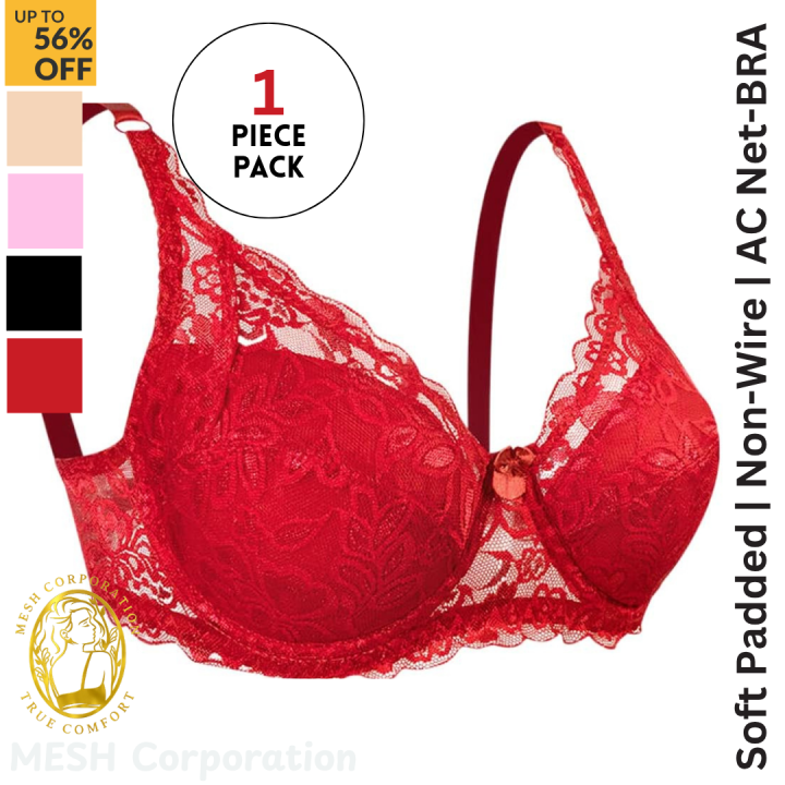 Soft Padded Non-Wire Lace AC Net Bra for Women and Girls – 1 Piece Pack (Black, Red, Skin, Blue, Pink) | Premium Quality, Comfortable, Breathable Daily Use Bra