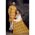 Durga Puja Special Saree Block Print Half Silk Saree & Dhupian Silk Panjabi Combo For Couple Stylesh & fashionable best couple for man and women.