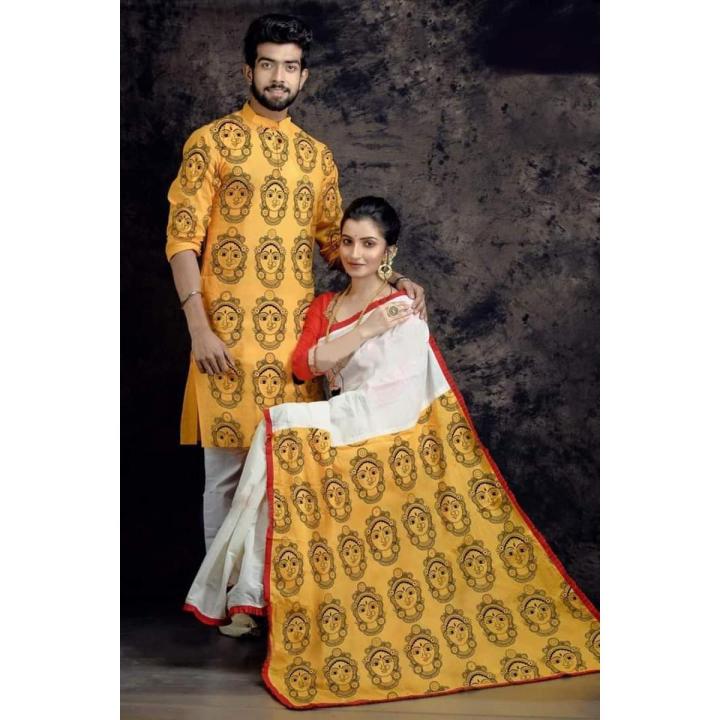 Durga Puja Special Saree Block Print Half Silk Saree & Dhupian Silk Panjabi Combo For Couple Stylesh & fashionable best couple for man and women