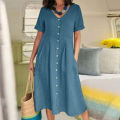 Women’s qualityful Solid Color Loose Short Sleeve Mid-long A-line Dresses V-neck Button Breasted Female Dress.