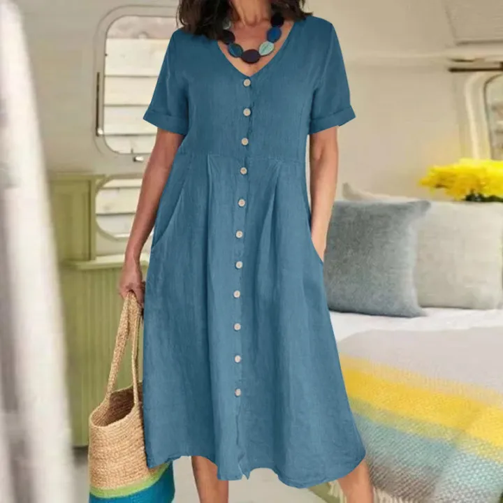 Women%E2%80%99s%20qualityful%20Solid%20Color%20Loose%20Short%20Sleeve%20Mid-long%20A-line%20Dresses%20V-neck%20Button%20Breasted%20Female%20Dress%20-%20Image%207