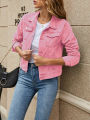 Jumperjuser-Women's Solid Color Denim Jacket, Casual Long Sleeve Button Down Chest Pocket Jean Jacket. 
