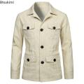 2024 British Style Men's Linen Safari Jackets Fashion Vintage Multi Pockets Cargo Jacket Streetwear Gentry Casual Outerwear Male.