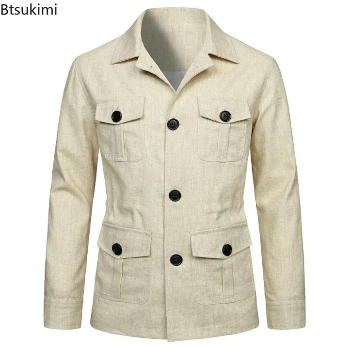 2024%20British%20Style%20Men's%20Linen%20Safari%20Jackets%20Fashion%20Vintage%20Multi%20Pockets%20Cargo%20Jacket%20Streetwear%20Gentry%20Casual%20Outerwear%20Male%20-%20Image%205