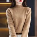 100% Wool Cashmere Sweater Women's Knitted Sweater Half High Collar Long Sleeve Pullover Autumn and Winter Fashion Warm Top.
