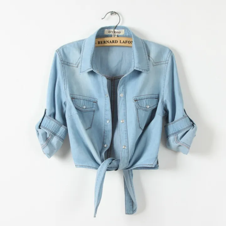Girls%20Slim%20Top%20New%20Summer%20Women%20Casual%20Cropped%20sleeves%20Shirt%20Female%20Denim%20Shirts%20women's%20Fashion%20Short%20Blouse%20XZ120%20-%20Image%202