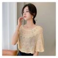 Fashionable cut-out knit temperament solid color versatile air conditioning shawl women's summer thin sunscreen shoulder guard neck pullover cape.