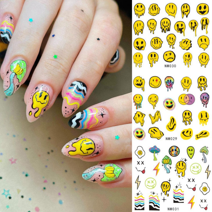 12 patterns Trippy Smile Face Nails Water Decals Mushroom Slider Decals Trippy Nail Art Rainbow Transfer Sticker Decals Eyes