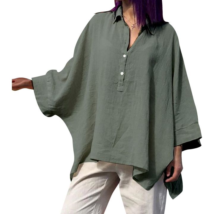 Summer%20Shirt%20Women%20Plus%20Size%20Loose%20Cotton%20Lapel%20Rolled%20Short%20Sleeve%20Shirt%20Tee%20Oversized%20Women%20Tops%20Summer%20Tunics%20Blusas%20Mujer%20-%20Image%204
