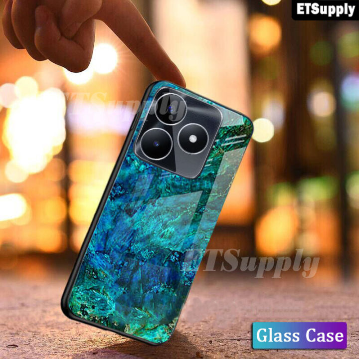 For Realme Note 50 Phone Case Hard Tempered Glass Protector Casing HP for Realme Note 50 Glass Back Phone Cover Tempered Glass Marble Emerald Protect Case Soft Bumper Cover