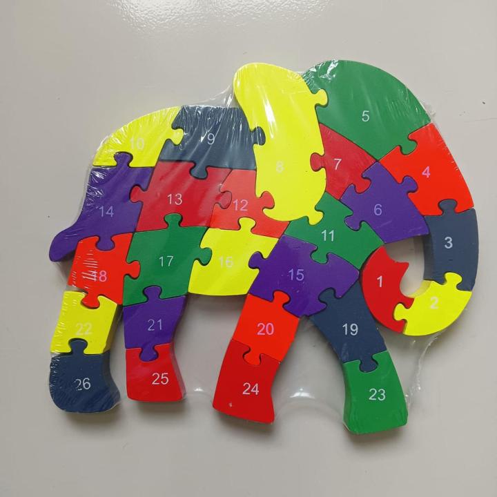 Kidlove Kids Wooden Puzzle Colorful Cartoon Animal Traffic 26 English Letter Enlightenment Educational Jigsaw Puzzle Toys-Elephant