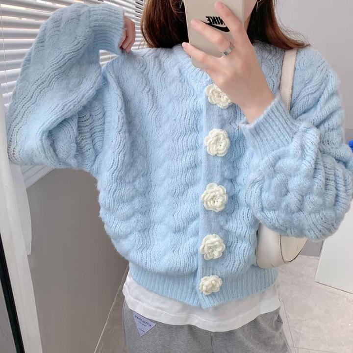55 Fashion Exquisite Flowers Sweater Coat Women's Knitted Cardigan Autumn and Winter New Korean Style Candy Color Short Fairy Top