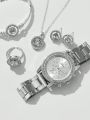 5 PCS Set Silver Luxury Watch Women Ring Necklace Earrings Rhinestone Fashion Wristwatch Female Casual Watches Bracelet Set. 