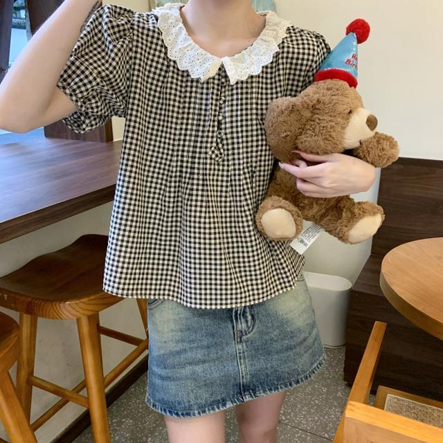 Shirt%20Women's%20Summer%20New%20Korean%20Style%20Versatile%20Sweet%20Style%20Lace%20Doll%20Stitching%20Plaid%20Slimming%20Short%20Sleeve%20Top%20-%20Image%205