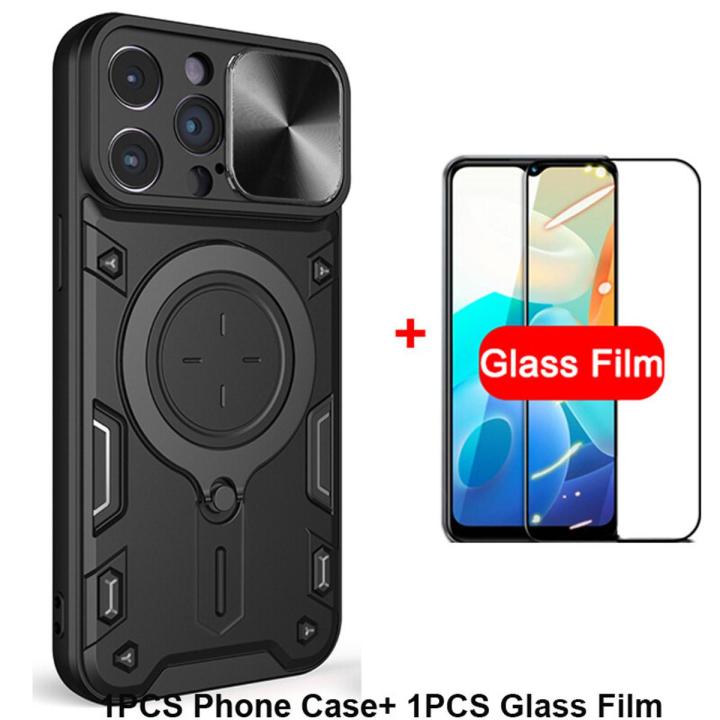 For iPhone 14 Pro Max Case Foldable 360 Degree Rotating Bracket Vehicle Mounted Sliding Hard Shockproof Rear Shell + Tempered Glass Screen Protector for iPhone 14 Pro Max Back Cover