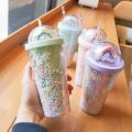 Cartoon Cute Rainbow Cup with Straw Girl Water Bottle Double Plastic BPA Free cute Juice Milk Coffee 550ml Drinking Tumbler. 