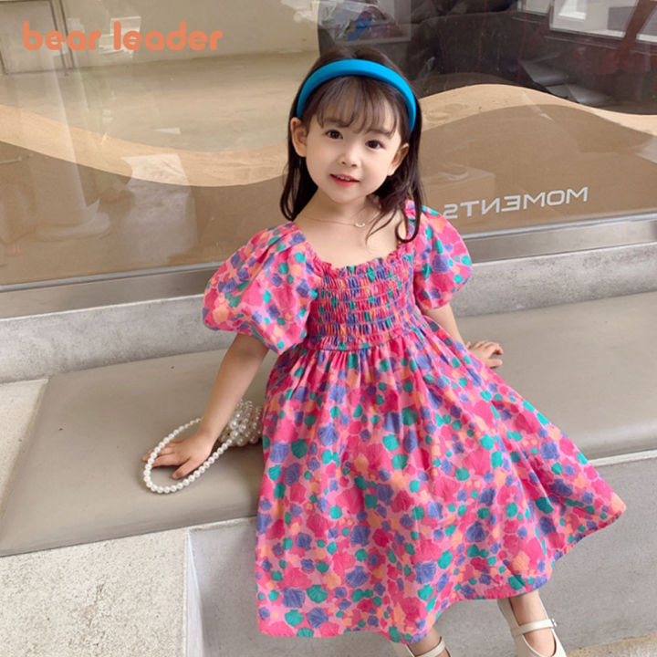 Bear Leader Kids Girls Dresses 2022 New Summer Baby Kids Floral Crushed Tie  Dress Puff Sleeve Princess Dresses Casual Girls Outfits