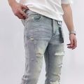 Fashion Men's Ripped Jeans Casual Stretch Denim Pants High Street Slim Fit Light Blue Hip Hop Jeans Streetwear Man's Trousers.