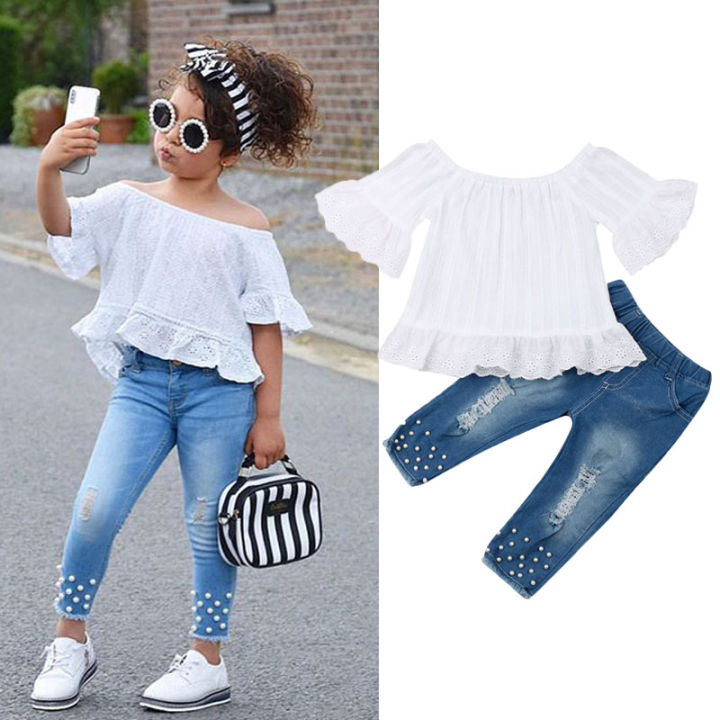 【KuaKe Mall】(New) baby girl lace shirt T-shirt tops long pants jeans clothes set