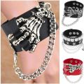 Cool Hiphop Skull Star Y2k Rock Bracelet Black Pu Skeleton Hand Goth Bangle Wide Cuff Bracelet With Chain For Men.