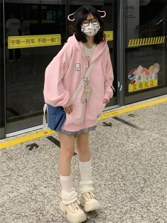 QWEEK%20Harajuku%20Kawaii%20Pink%20Zip%20Up%20Hoodie%20Women%20Japanese%20Y2K%20Sweet%20Cute%20Beige%20Fleece%20Sweatshirts%20Korean%20Style%20Girly%20Hooded%20Jacket%20-%20Image%202