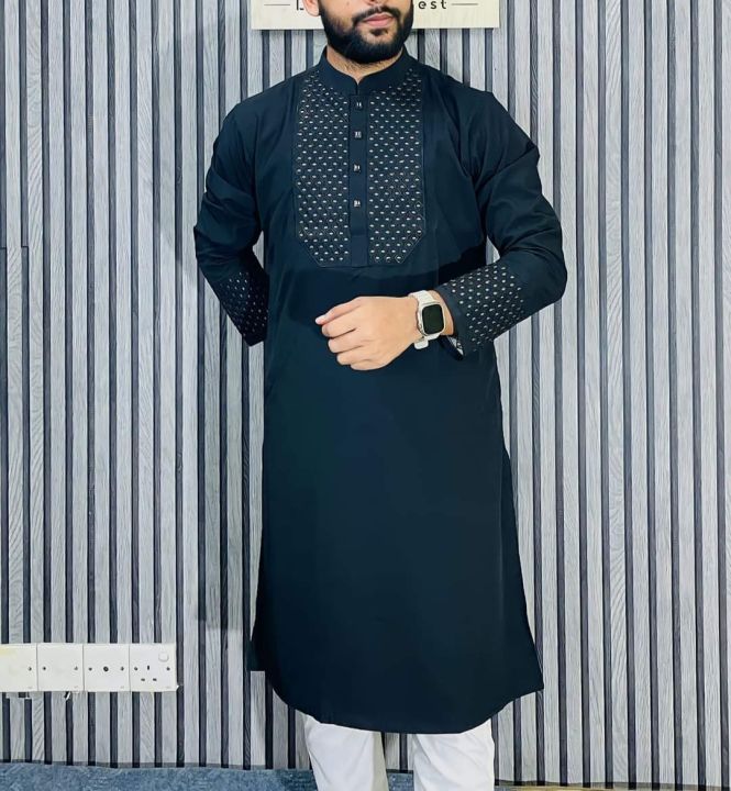 Men's Semi Long Embroidery Work New Panjabi For Men (Snap Button/ টিপ বুতাম)
