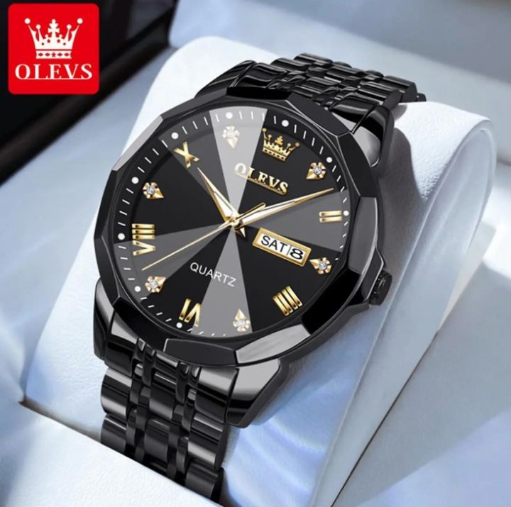 Olevs 9941G Black Stainless Steel Analog Wrist Watch For Men - Black