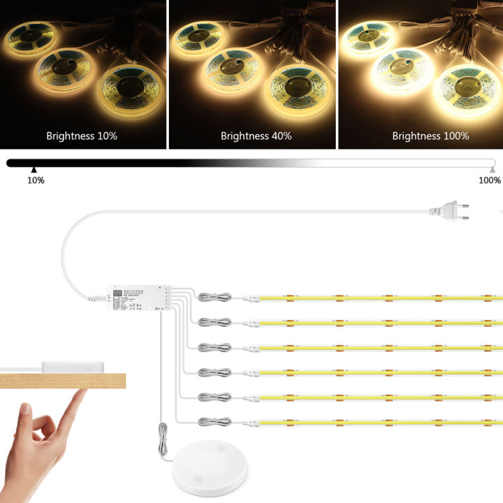 Penetrable Wood COB Led Strip 110V 220V with EU US Power Adapter Plug Dimmable Touch Sensor Switch Under Cabinet Parallel Light