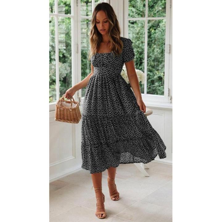 Vestidos Vintage Vintage Print Puff Sleeve Summer Beach Sweet Dresses Casual Square Collar Floral Maxi Long Dress 2021 Festa