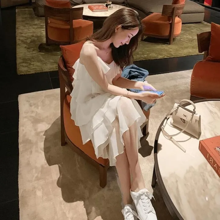 Ruffles%20Dress%20Women%20Spaghetti%20Strap%20Ulzzang%20Summer%20Holiday%20All-match%20Casual%20Loose%20Friend%20Solid%20Simple%20Ins%20V-neck%20Ladies%20Clothes%20-%20Image%202