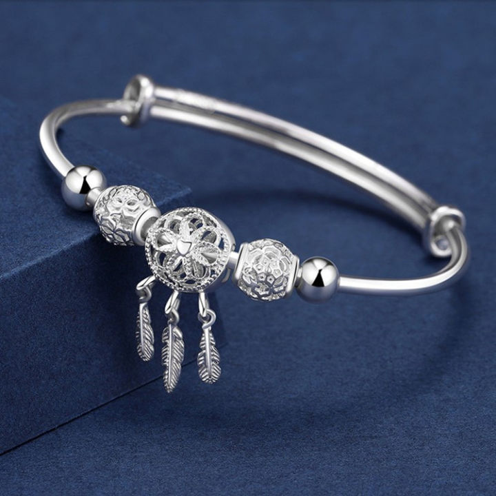 Alien Adjustable size 925 Sterling Silver Bangle cuff Dreamcatcher Tassel Feather Round Bead Charm Bracelet jewelry For Women wedding