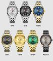 NAVIFORCE 9203 Business mens watches stainless steel strap with Day Quartz Wristwatches- Gold & Green.
