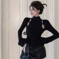 Women Knit T-shirt, Long Sleeve High Neck Hollowed Solid Slit Fall Tops for Daily Street.