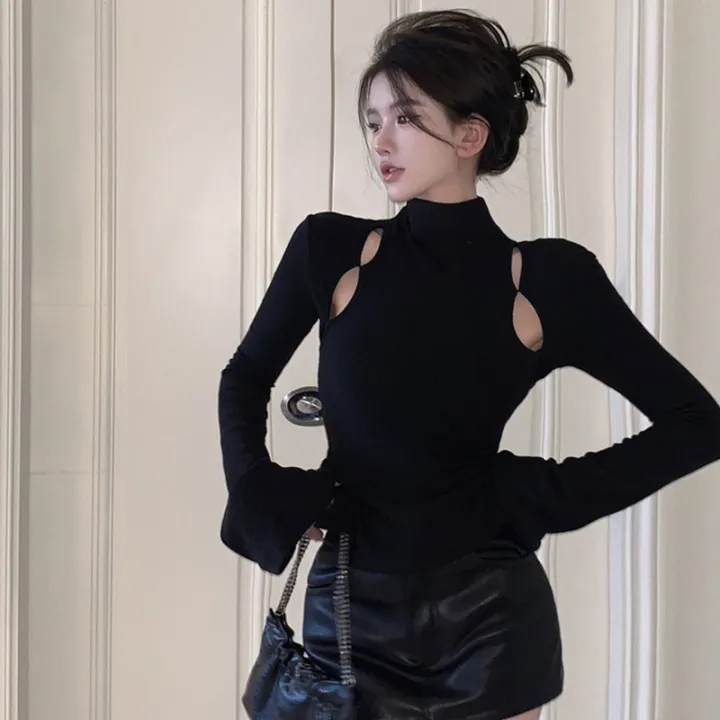 Women%20Knit%20T-shirt,%20Long%20Sleeve%20High%20Neck%20Hollowed%20Solid%20Slit%20Fall%20Tops%20for%20Daily%20Street%20-%20Image%205