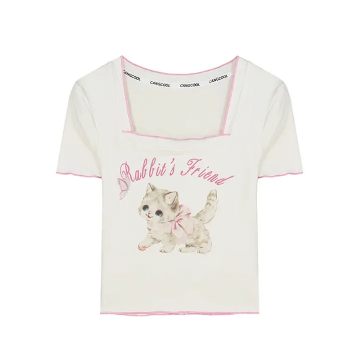 Cream%20Cute%20Cat%20Printed%20Waist-Controlled%20Soft%20Glutinous%20Short%20T%20T-shirt%20Women's%20Slim-Fit%20Short-Sleeved%20Contrast%20Color%20Sweet%20Cool%20Hot%20Girl%20Square%20Collar%20Top%20-%20Image%205