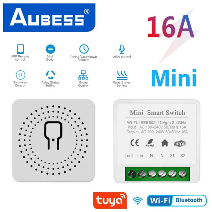 Aubess Tuya MINI Wifi Smart Switch 16A Supporte 2-way control Timer Wireless Switches Smart Home Automation Compatible with Alexa Google Home