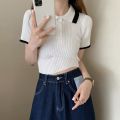 Knitted sweater for women, short-sleeved summer polo shirt with lapel for small people, slim fit, navel-baring short fashion high-waisted top.